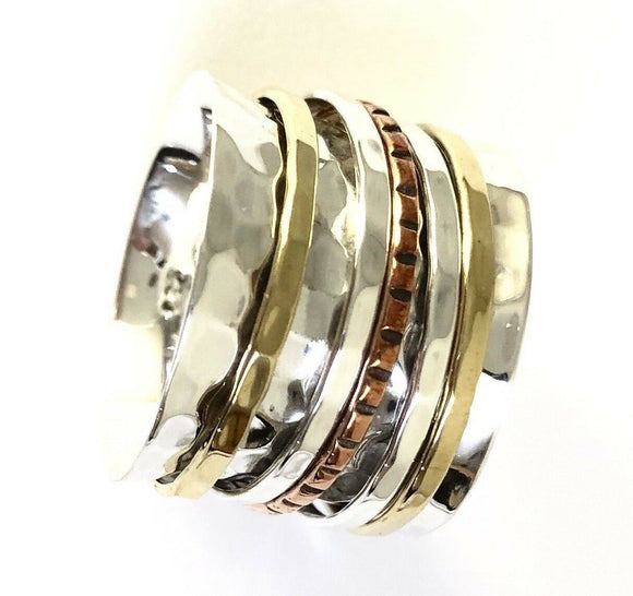 Tricolor Hand Hammered Sterling Silver Copper Brass 5 Band Spin Ring Size 7 R75