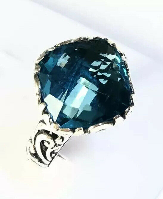 Sterling Silver 925 Square Blue Topaz Filigree Size 9 & 3/4 Ring Bali Jewelry