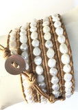 Light Brown Leather With Freshwater Pearl Wrap Bracelet