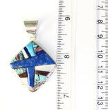 Native American Sterling Silver Navajo Inlay Turquoise Lapis Square Pendant