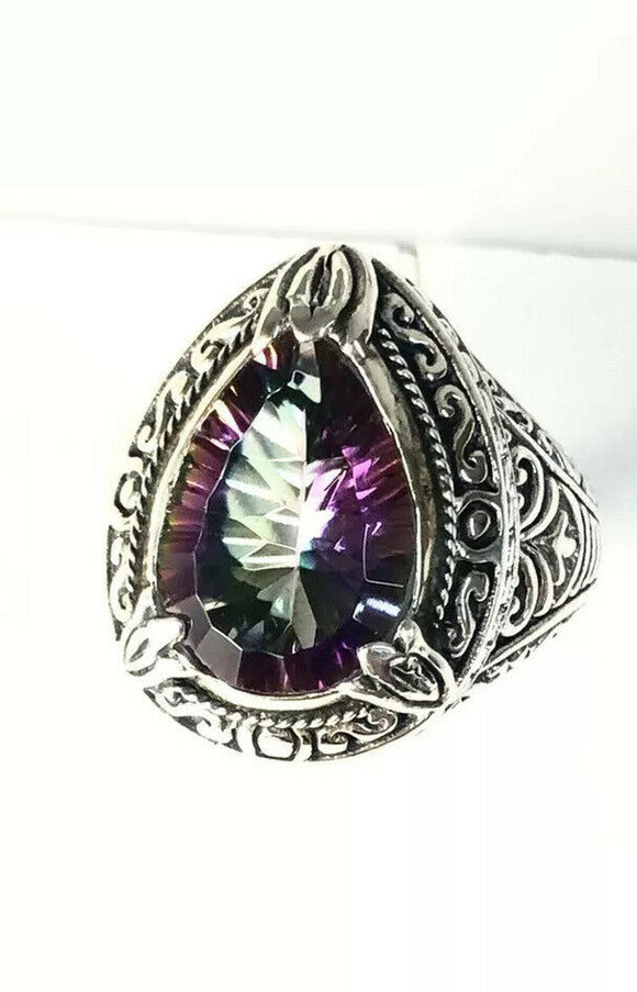 Sterling Silver 925 Pear Faceted Mystic Topaz Ring R012810 Size 9 Bali Jewelry