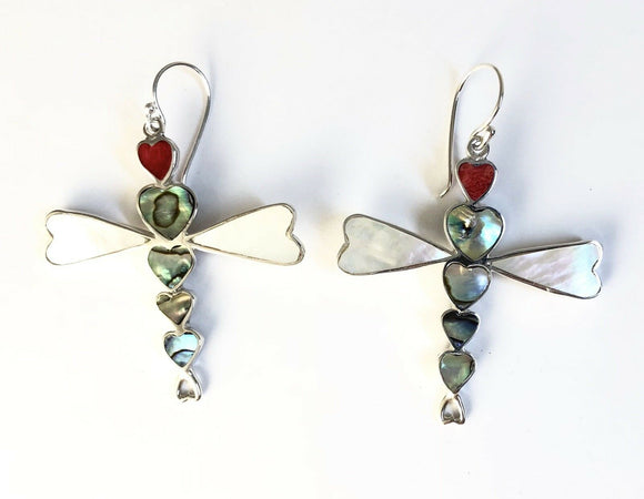 Sterling Silver Inlay Dragonfly Mother Of Pearl Abalone Coral Dangle Earrings