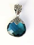 Sterling Silver 925 Pear Filigree Blue Topaz Reversible Pendant Bali Jewelry