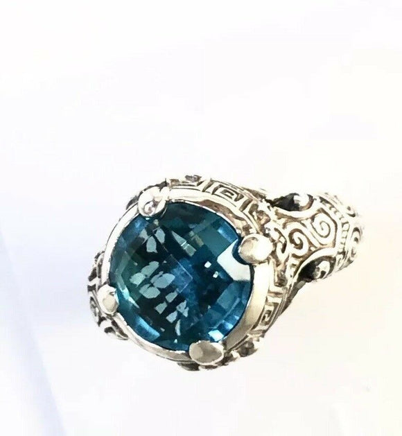 Sterling Silver 925 Round Cushion Blue Topaz Filigree Size 6 Ring Bali Jewelry