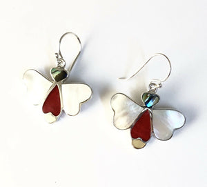 Sterling Silver 925 Butterfly M O P Abalone Coral Earrings Bali Jewelry