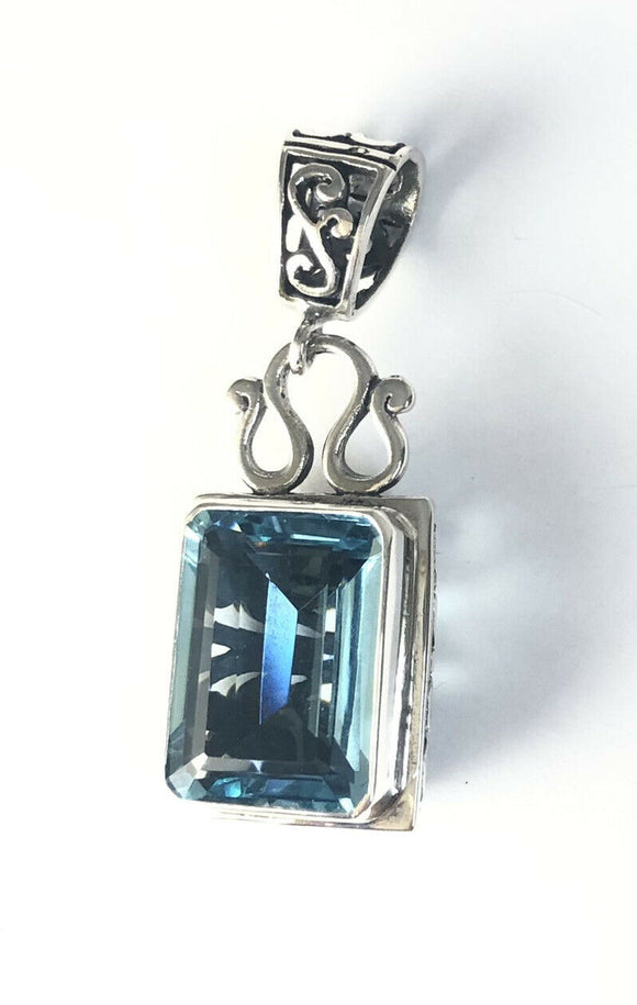 Sterling Silver 925 Faceted Rectangular Blue Topaz Filigree Pendant Bali Jewelry