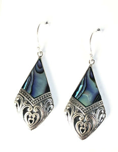 925 Sterling Silver Abalone Shell Angular Filigree Dangle Earrings Bali Jewelry