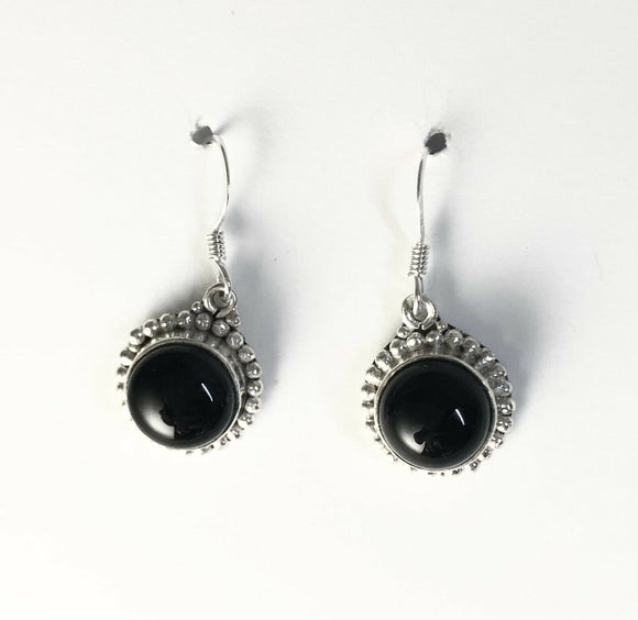 Sterling Silver 925 Round Cabochon Black Onyx Dangle Earrings On Hooks Jewelry