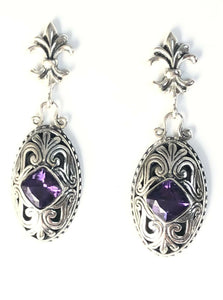 Sterling Silver 925 Square Amethyst Filigree Dangle Earrings Bali Jewelry
