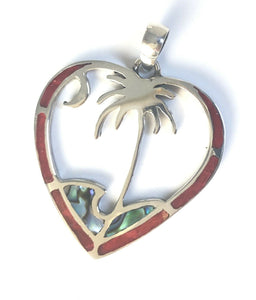 Sterling Silver Heart With Palm Tree And Moon Sponge Coral Abalone Pendant.