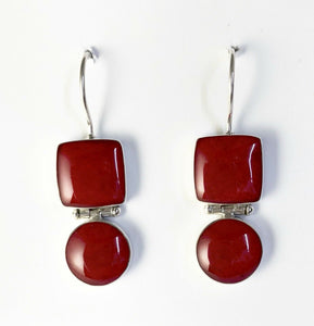 High Polish Sterling Silver Square & Round Shaped Sponge Coral Dangle Earrings.