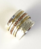 Tricolor Hand Hammered Sterling Silver Copper Brass 5 Band Spin Ring Size 7 R75