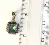 Sterling Silver Square Faceted Mystic Topaz Filigree  Pendant.