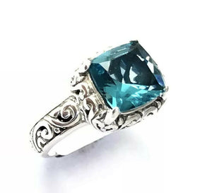 Sterling Silver 925 Square Cut Blue Topaz Filigree Size 9 Ring Bali Jewelry