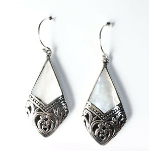 Sterling Silver 925 Filigree Mother Of Pearl Dangle Earrings Bali Jewelry