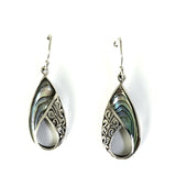 Sterling Silver 925 Pear Abalone Shell Filigree Dangle Earrings Bali Jewelry