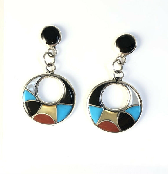 Native American Sterling Silver Zuni Inlay Coral Turquoise Hoop Dangle Earrings