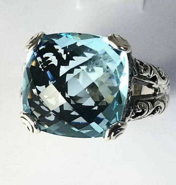 Sterling Silver Solid 925 Square Blue Topaz Filigree Size 7 Ring Jewelry R040201