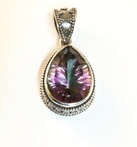 Sterling Silver 925 Pear Shaped Faceted Mystic Topaz Pendant. Bali Jewelry