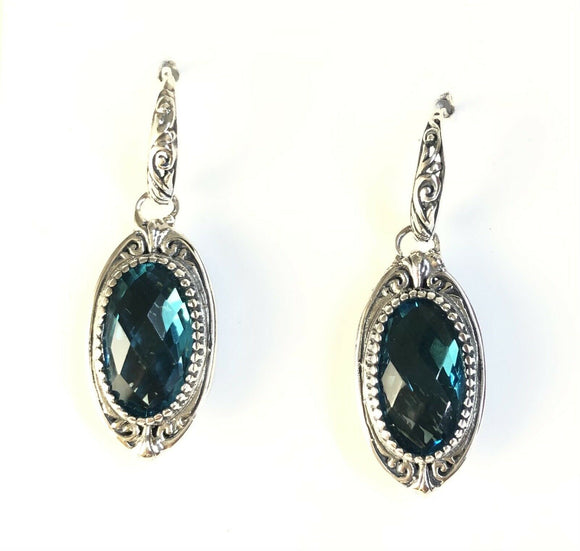 Sterling Silver 925 Oval Blue Topaz Filigree Dangle Earrings Bali Jewelry