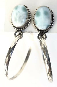 Native American Sterling Silver Navajo Larimar Hoop Earrings. Signed Elouise Kee
