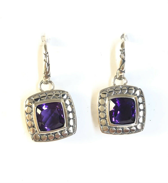 Sterling Silver 925 Square Faceted Amethyst Dangle Earrings Bali Jewelry