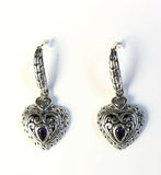 Sterling Silver 925 Pear Shaped Amethyst Dangle Heart Earrings Bali Jewelry