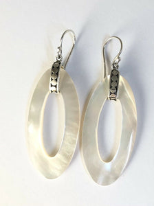 Sterling Silver 925 Oval White Mother Of Pearl Dangle Hook Earrings Bali Jewelry