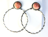 Native American Sterling Silver Navajo Spiny Oyster Shell Hoop Earrings.
