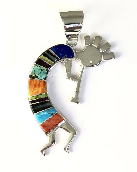 Native American Sterling Silver Navajo Inlay Turquoise Kokopelli Pendant Signed