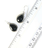 Sterling Silver 925 Pear Shaped Cabochon Black Onyx Dangle Earrings Jewelry