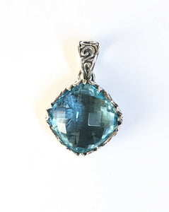 Sterling Silver 925 Square Blue Topaz Reversible Filigree Pendant Bali Jewelry