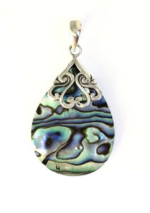 Sterling Silver 925 Pear Shaped Abalone Shell Filigree Pendent Bali Jewelry