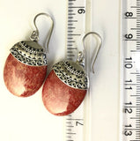 Sterling Silver 925 Swirl & Bead Oval Sponge Coral Dangle Earrings.