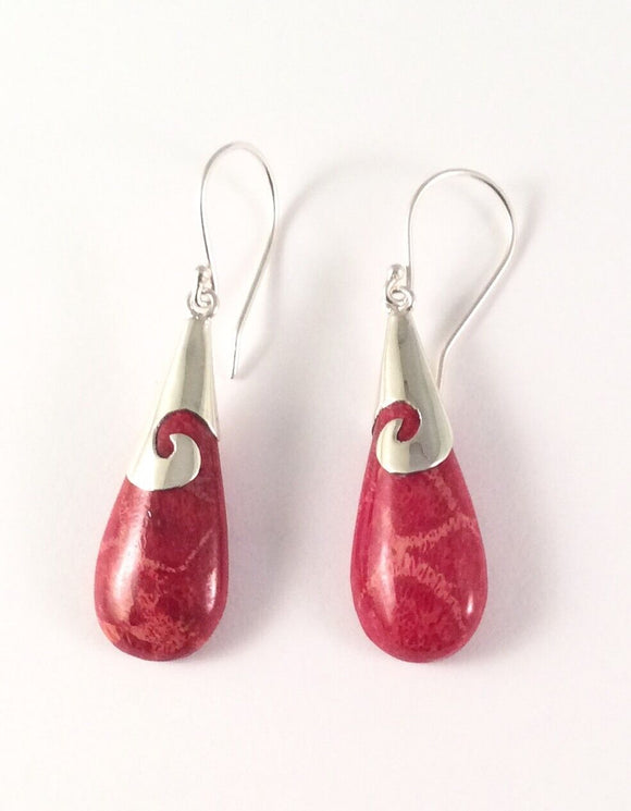 Sterling Silver 925 Pear Shaped Sponge Coral Dangle Earrings Bali Jewelry