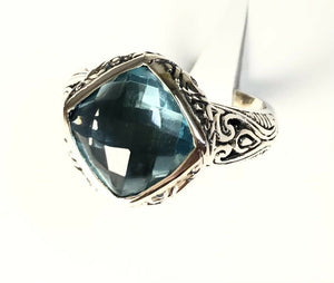 Sterling Silver Solid 925 Square Blue Topaz Filigree Size 9 Ring Bali Jewelry