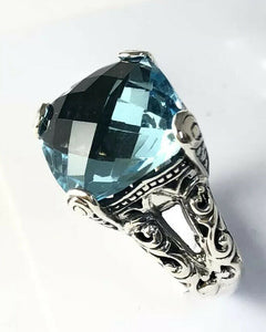 Sterling Silver Solid 925 Square Blue Topaz Filigree Size 6 Ring Jewelry R011103