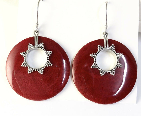 Sterling Silver 925 Round Shaped Sponge Coral Dangle Hook Earrings Bali Jewelry