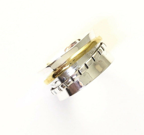 Two Tone Hand Hammered Sterling Silver And Brass 2 Band Spin Ring Size 9 R79
