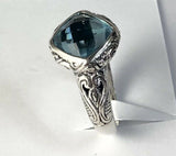 Sterling Silver Solid 925 Square Blue Topaz Filigree Size 8 Ring Bali Jewelry