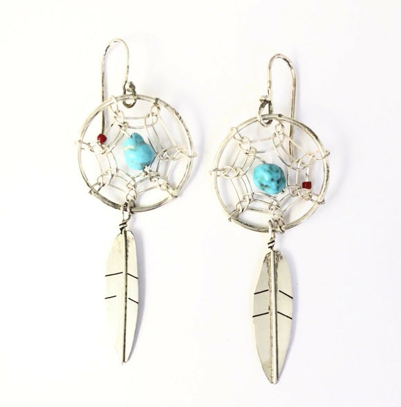 Native American Sterling Silver Dream Catcher Feather With Turquoise Earrings