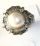 Sterling Silver 925 &18kt Gold Diamond Mother Of Pearl Ring Size 6 Bali Jewelry