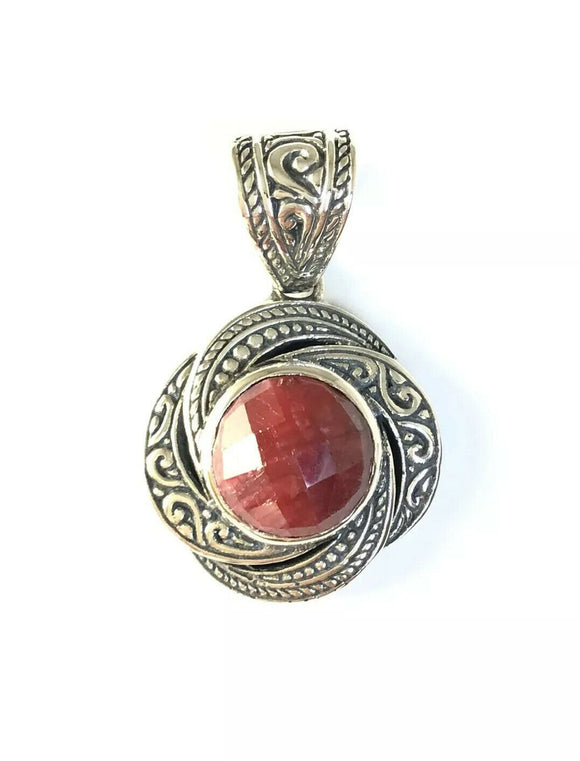 Sterling Silver 925 Round Cushion Faceted Ruby Reversible Pendant Bali Jewelry