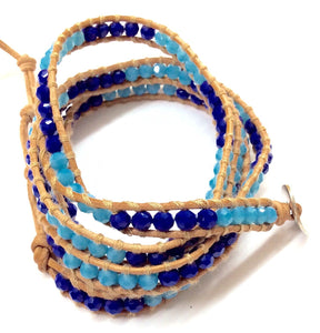 Light Brown Leather Wrap Bracelet With Dark Blue And Light Blue Color Crystal.