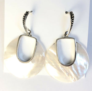 Sterling Silver 925 Round Mother Of Pearl Hoop Dangle Earrings Bali Jewelry