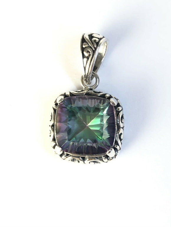 Sterling Silver Square Faceted Mystic Topaz Filigree  Pendant.
